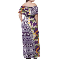 Hawaiian Plumeria Lei Off Shoulder Maxi Dress Kakau Motifs and Palaka Half Style Purple Color LT03 - Polynesian Pride