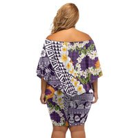 Hawaiian Plumeria Lei Off Shoulder Short Dress Kakau Motifs and Palaka Half Style Purple Color LT03 - Polynesian Pride