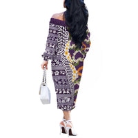 Hawaiian Plumeria Lei Off The Shoulder Long Sleeve Dress Kakau Motifs and Palaka Half Style Purple Color LT03 - Polynesian Pride