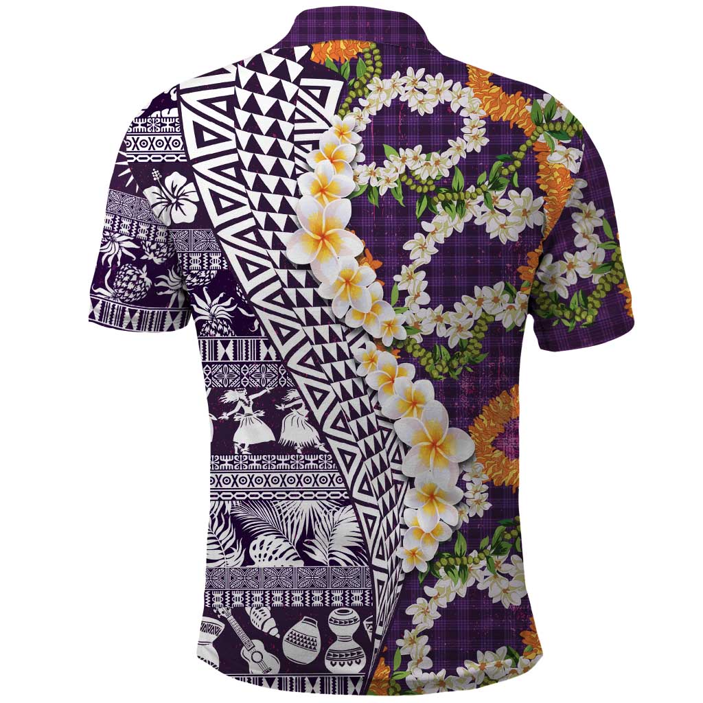 Hawaiian Plumeria Lei Polo Shirt Kakau Motifs and Palaka Half Style Purple Color LT03 - Polynesian Pride
