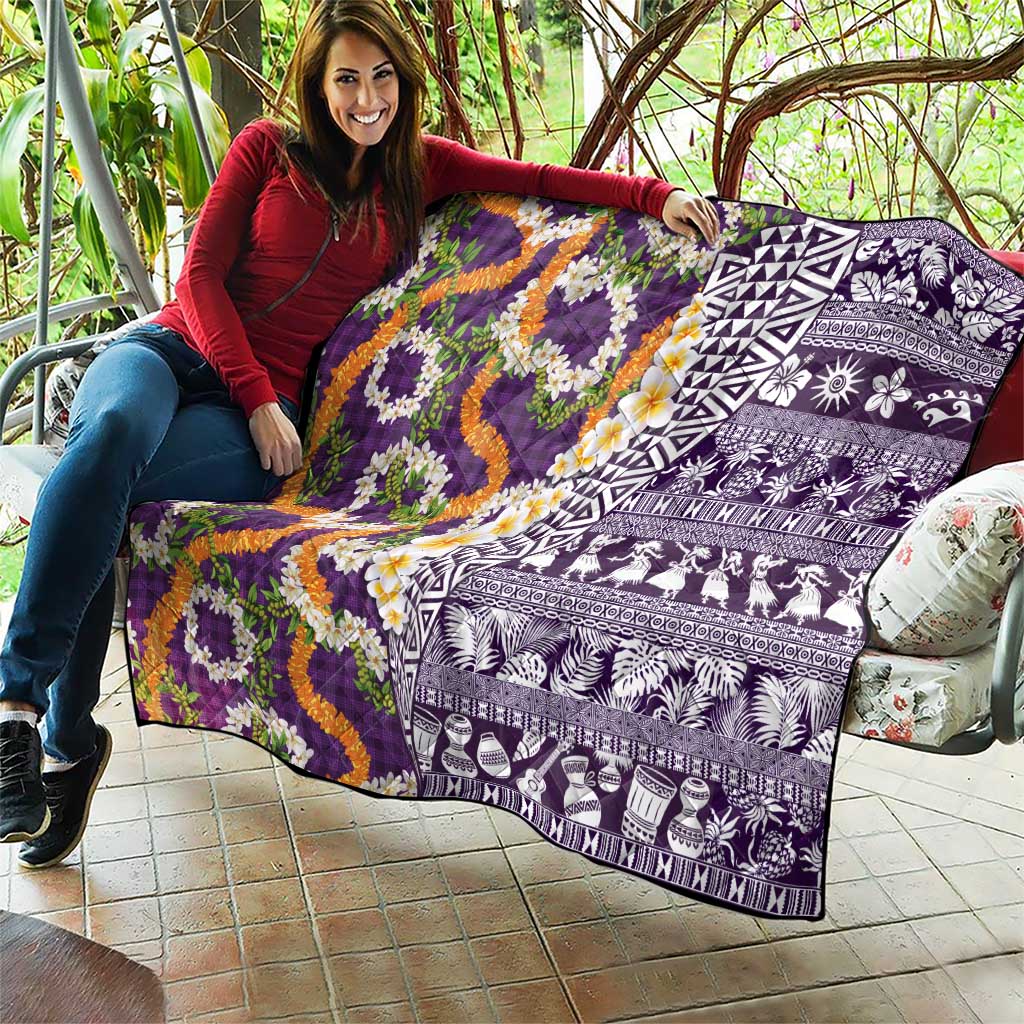Hawaiian Plumeria Lei Quilt Kakau Motifs and Palaka Half Style Purple Color - Polynesian Pride