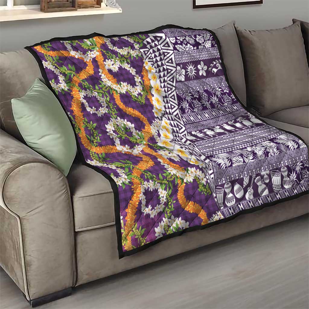 Hawaiian Plumeria Lei Quilt Kakau Motifs and Palaka Half Style Purple Color - Polynesian Pride