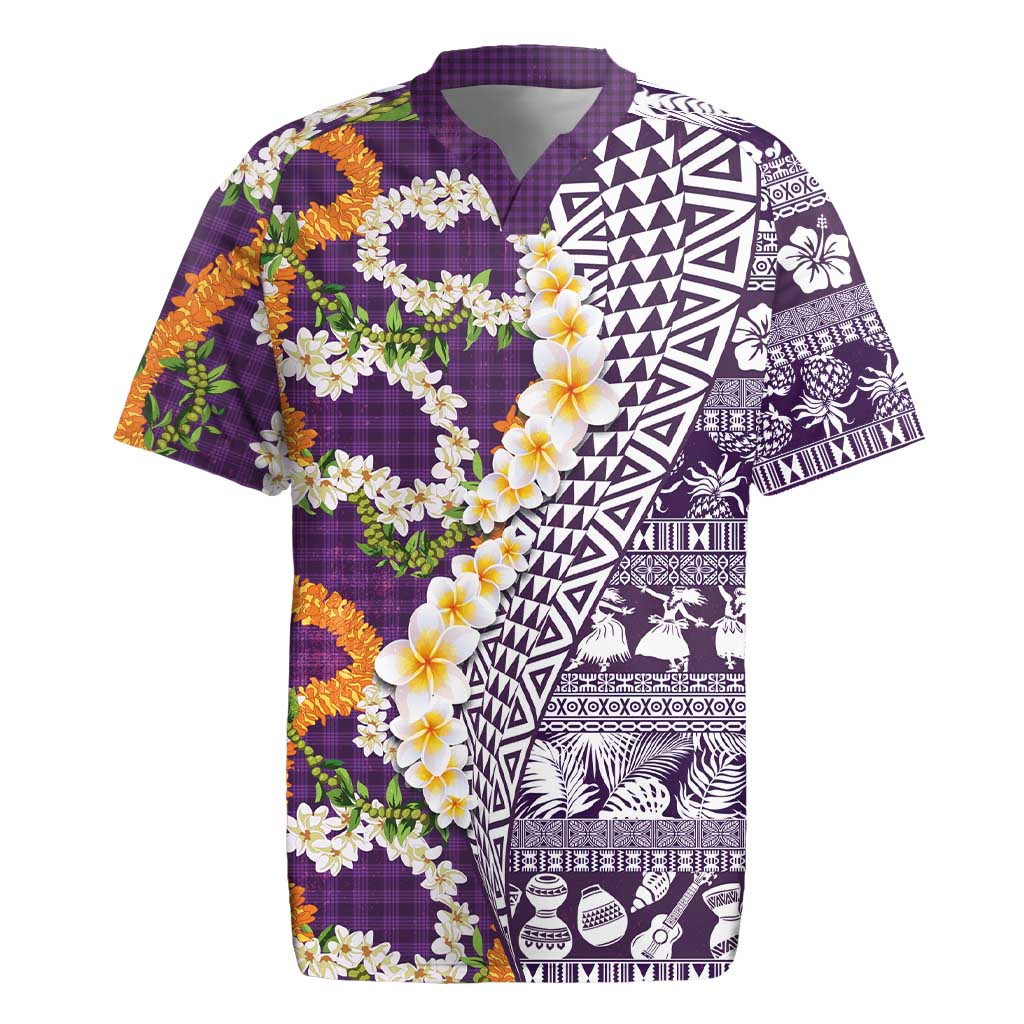 Hawaiian Plumeria Lei Rugby Jersey Kakau Motifs and Palaka Half Style Purple Color - Polynesian Pride