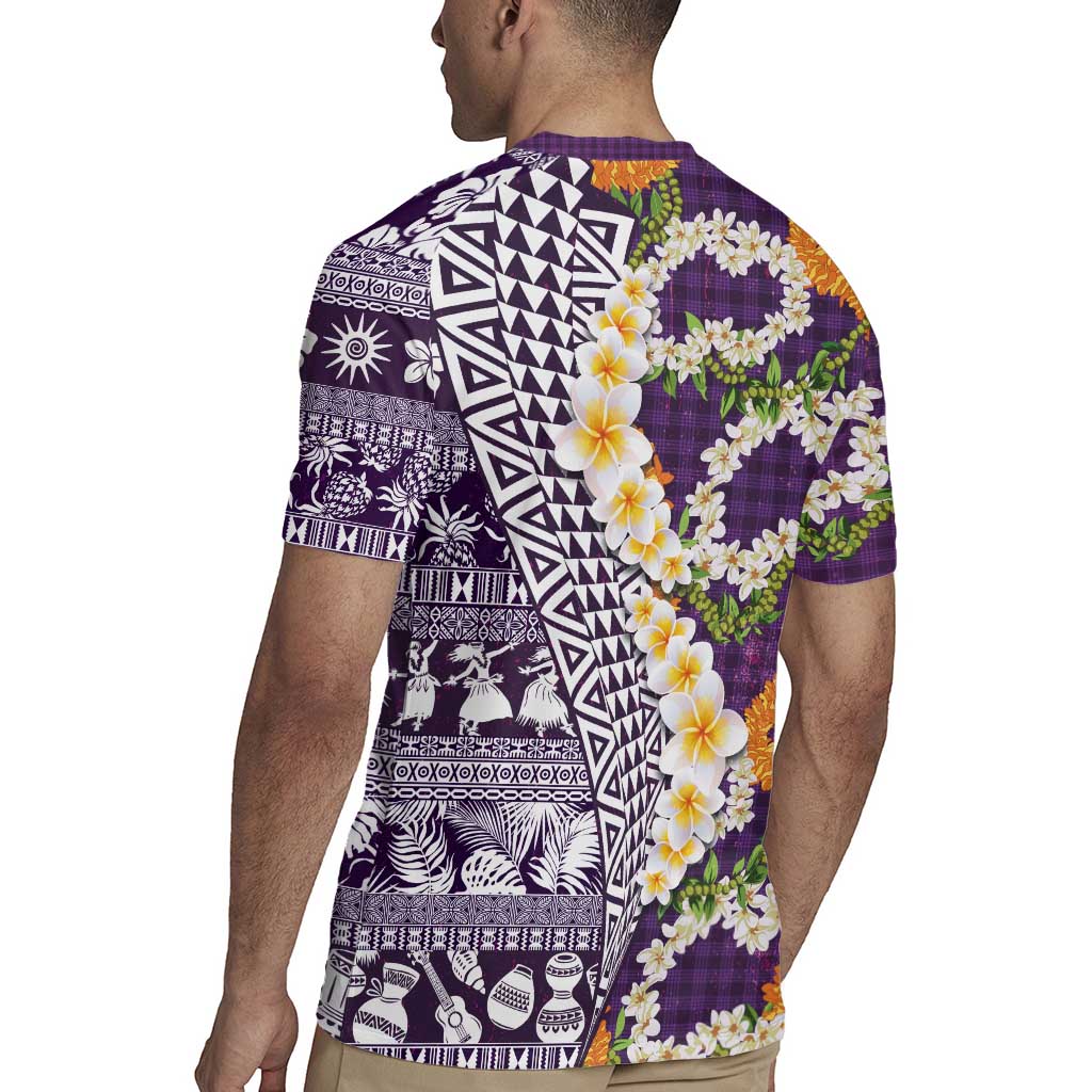 Hawaiian Plumeria Lei Rugby Jersey Kakau Motifs and Palaka Half Style Purple Color - Polynesian Pride