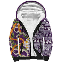 Hawaiian Plumeria Lei Sherpa Hoodie Kakau Motifs and Palaka Half Style Purple Color LT03 Unisex Purple - Polynesian Pride