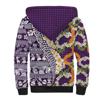 Hawaiian Plumeria Lei Sherpa Hoodie Kakau Motifs and Palaka Half Style Purple Color LT03 - Polynesian Pride