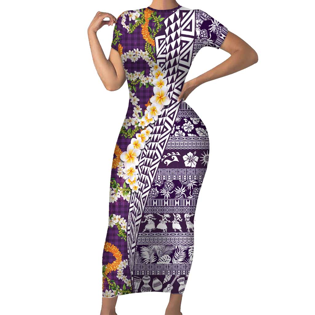 Hawaiian Plumeria Lei Short Sleeve Bodycon Dress Kakau Motifs and Palaka Half Style Purple Color - Polynesian Pride