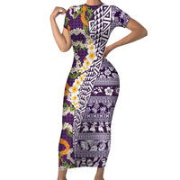 Hawaiian Plumeria Lei Short Sleeve Bodycon Dress Kakau Motifs and Palaka Half Style Purple Color LT03 Long Dress Purple - Polynesian Pride
