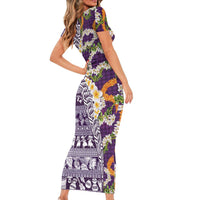 Hawaiian Plumeria Lei Short Sleeve Bodycon Dress Kakau Motifs and Palaka Half Style Purple Color LT03 - Polynesian Pride