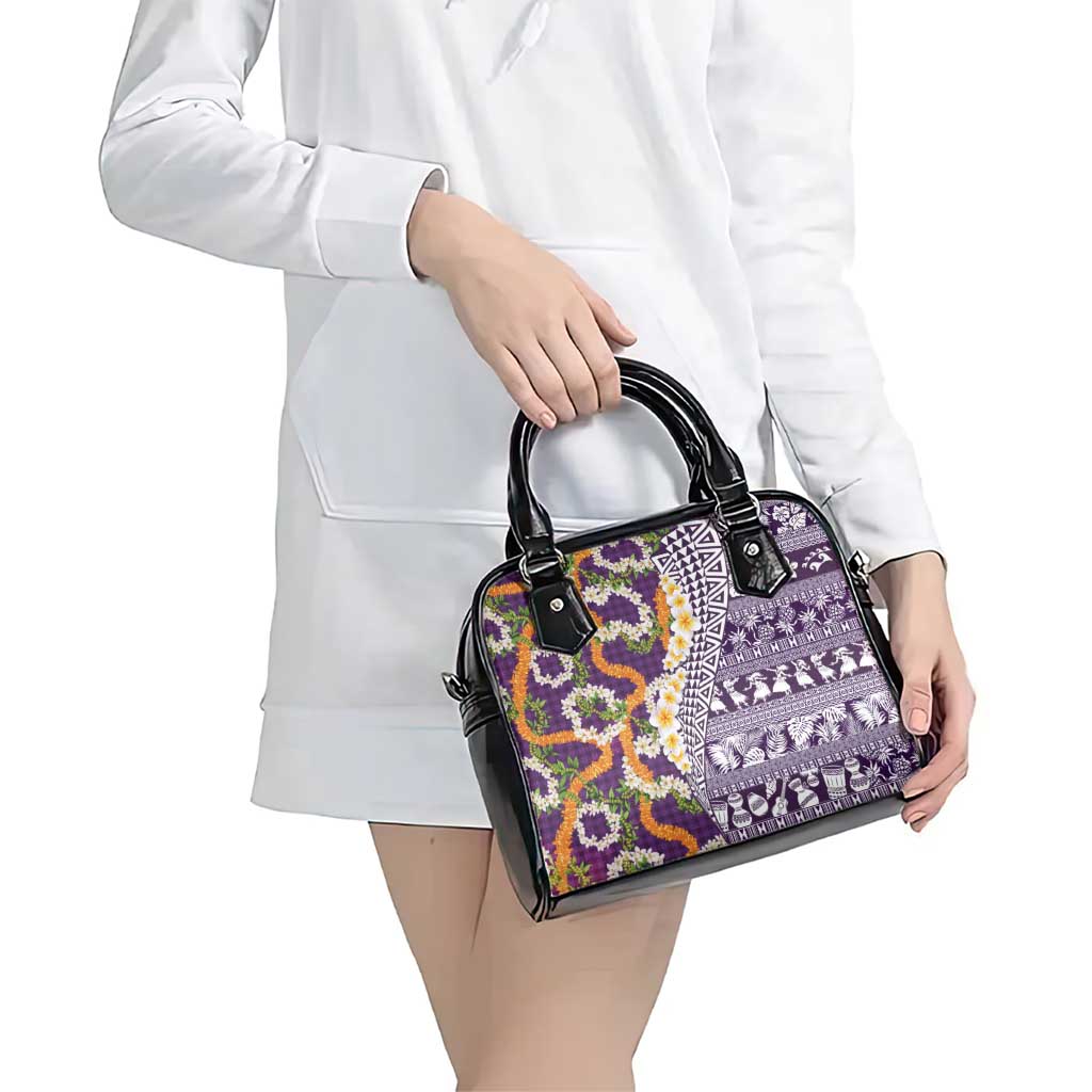 Hawaiian Plumeria Lei Shoulder Handbag Kakau Motifs and Palaka Half Style Purple Color - Polynesian Pride