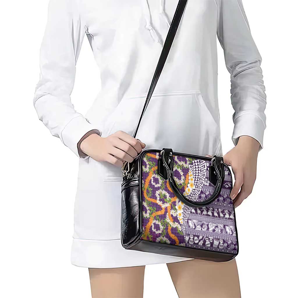 Hawaiian Plumeria Lei Shoulder Handbag Kakau Motifs and Palaka Half Style Purple Color - Polynesian Pride