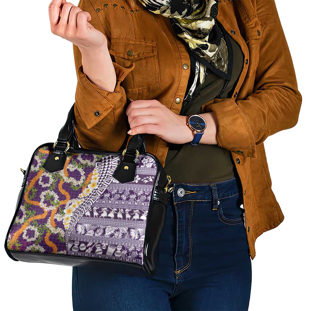 Hawaiian Plumeria Lei Shoulder Handbag Kakau Motifs and Palaka Half Style Purple Color - Polynesian Pride