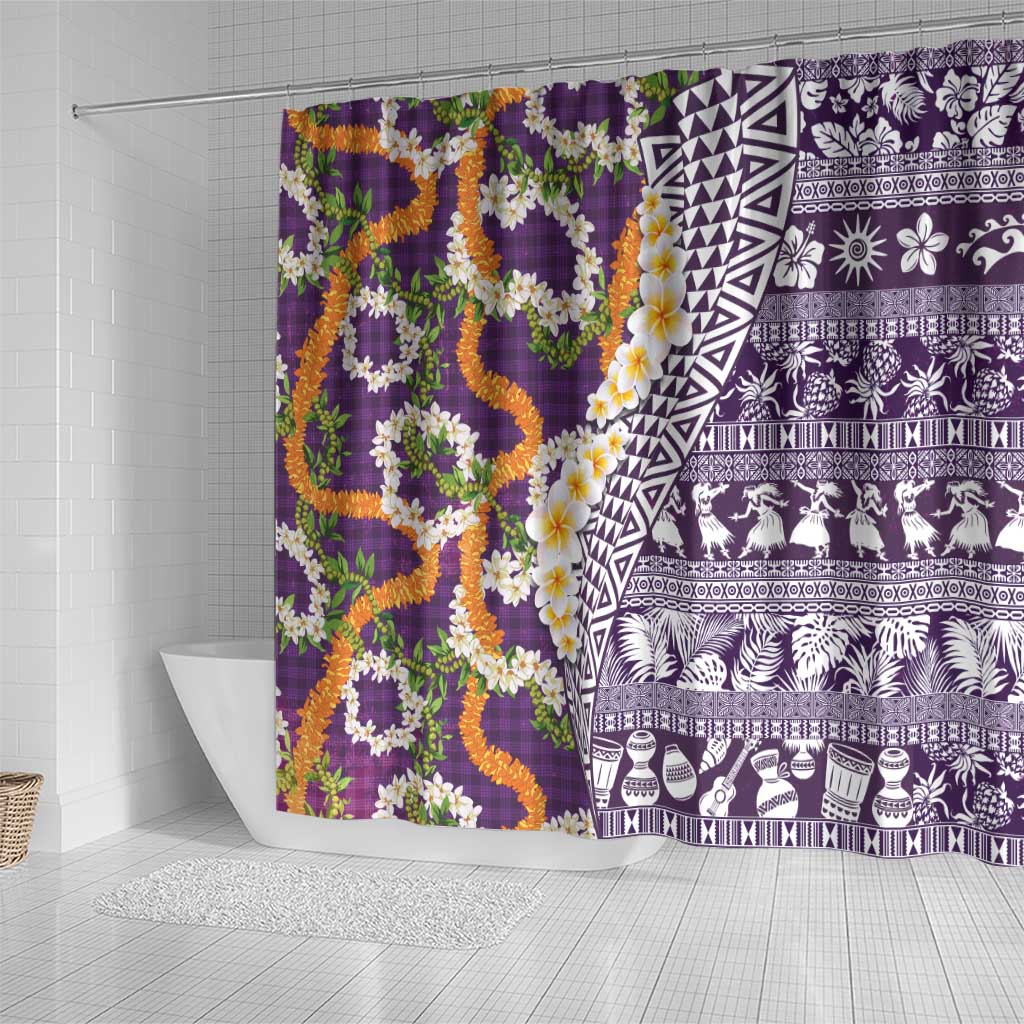 Hawaiian Plumeria Lei Shower Curtain Kakau Motifs and Palaka Half Style Purple Color - Polynesian Pride