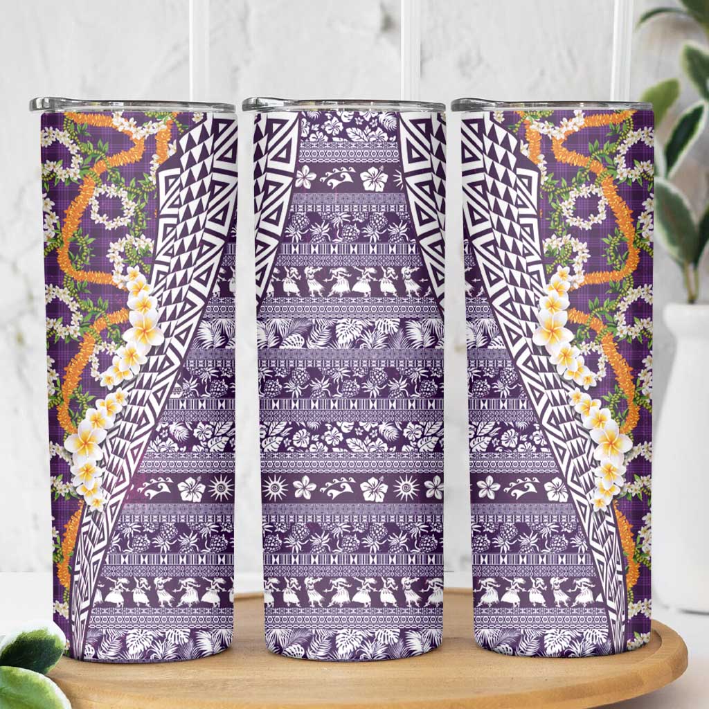 Hawaiian Plumeria Lei Skinny Tumbler Kakau Motifs and Palaka Half Style Purple Color LT03 - Polynesian Pride
