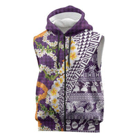Hawaiian Plumeria Lei Sleeveless Zip Hoodie Kakau Motifs and Palaka Half Style Purple Color LT03 Purple - Polynesian Pride