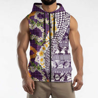Hawaiian Plumeria Lei Sleeveless Zip Hoodie Kakau Motifs and Palaka Half Style Purple Color LT03 - Polynesian Pride