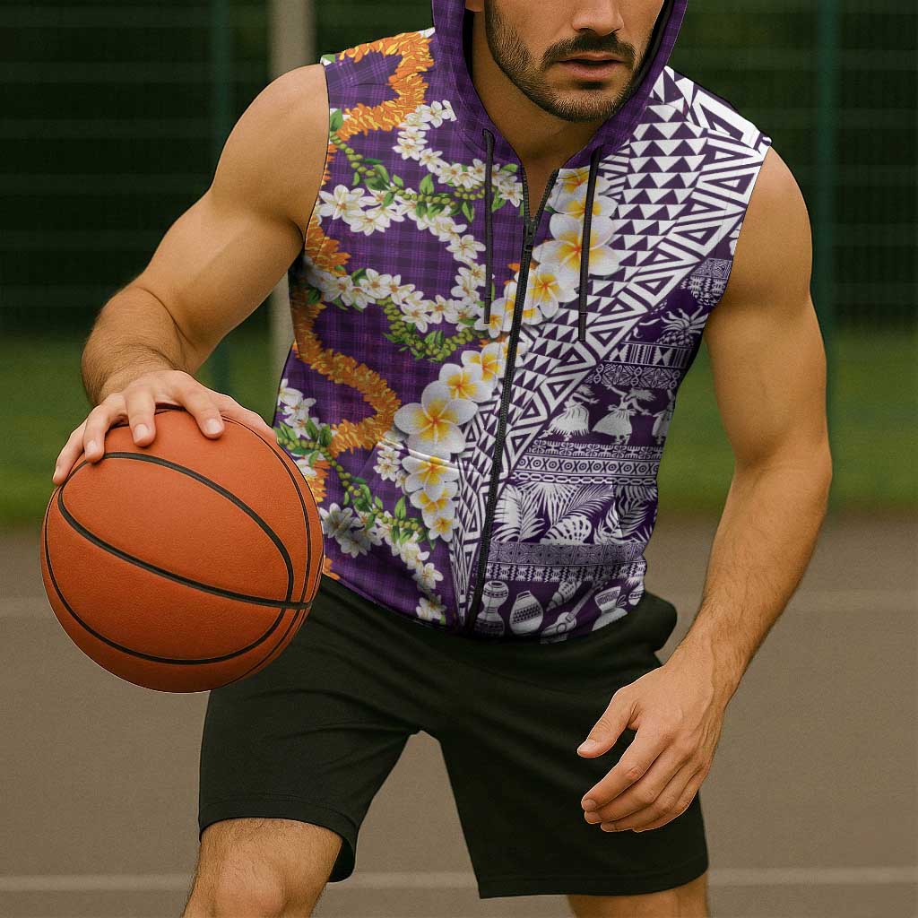 Hawaiian Plumeria Lei Sleeveless Zip Hoodie Kakau Motifs and Palaka Half Style Purple Color LT03 - Polynesian Pride