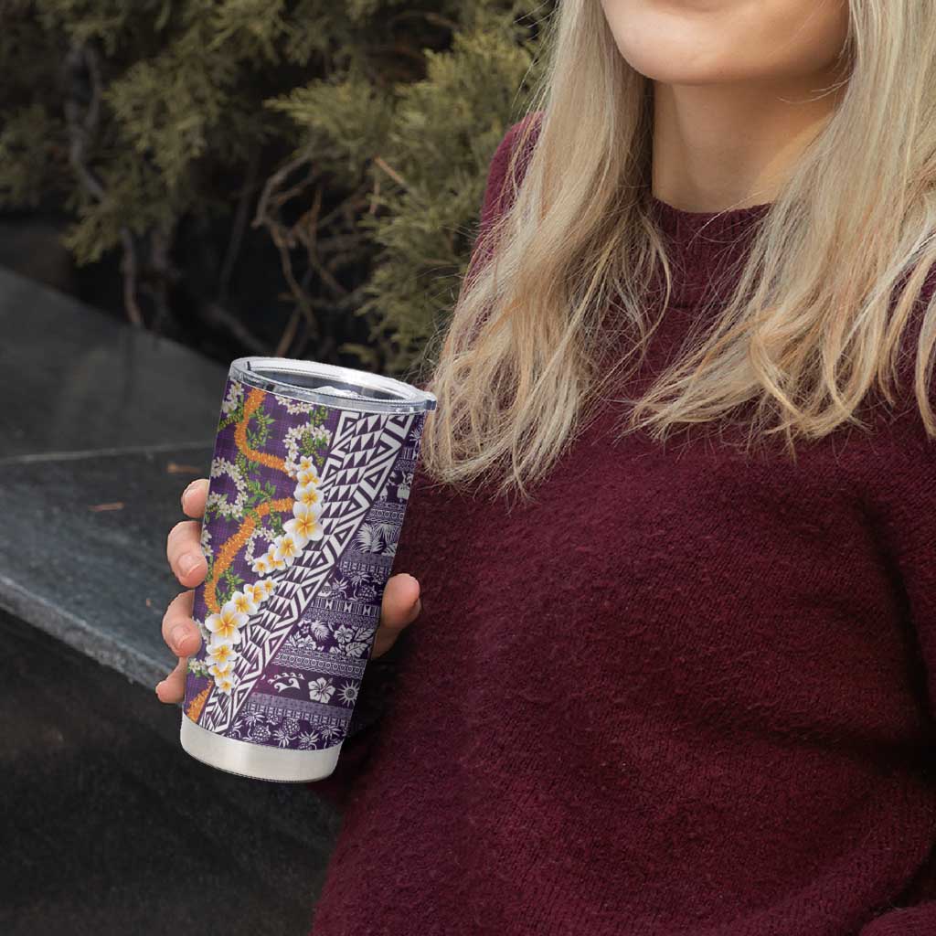 Hawaiian Plumeria Lei Tumbler Cup Kakau Motifs and Palaka Half Style Purple Color - Polynesian Pride