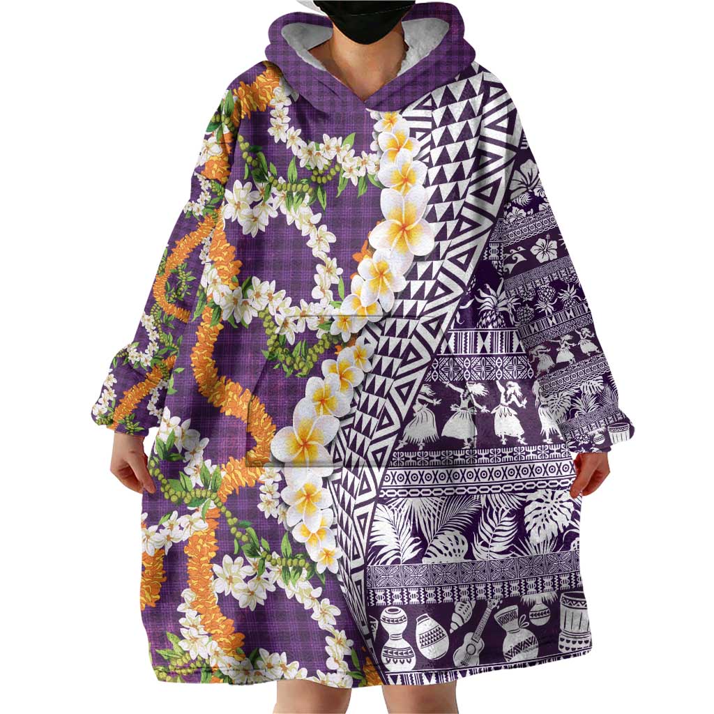 Hawaiian Plumeria Lei Wearable Blanket Hoodie Kakau Motifs and Palaka Half Style Purple Color LT03 - Polynesian Pride