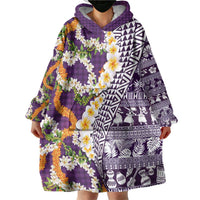 Hawaiian Plumeria Lei Wearable Blanket Hoodie Kakau Motifs and Palaka Half Style Purple Color LT03 - Polynesian Pride