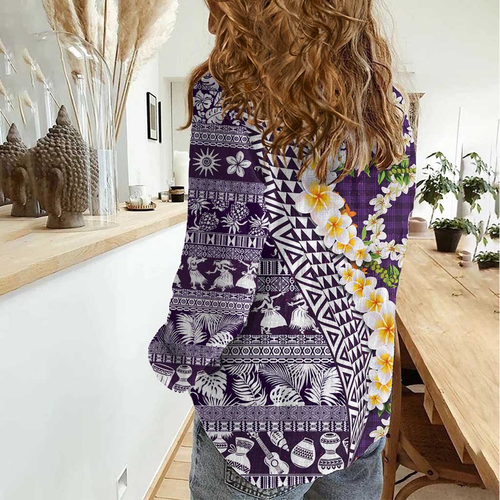 Hawaiian Plumeria Lei Women Casual Shirt Kakau Motifs and Palaka Half Style Purple Color LT03 - Polynesian Pride