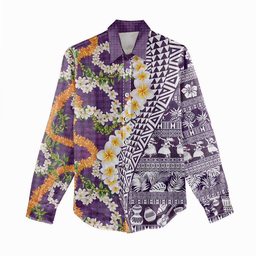 Hawaiian Plumeria Lei Women Casual Shirt Kakau Motifs and Palaka Half Style Purple Color LT03 - Polynesian Pride