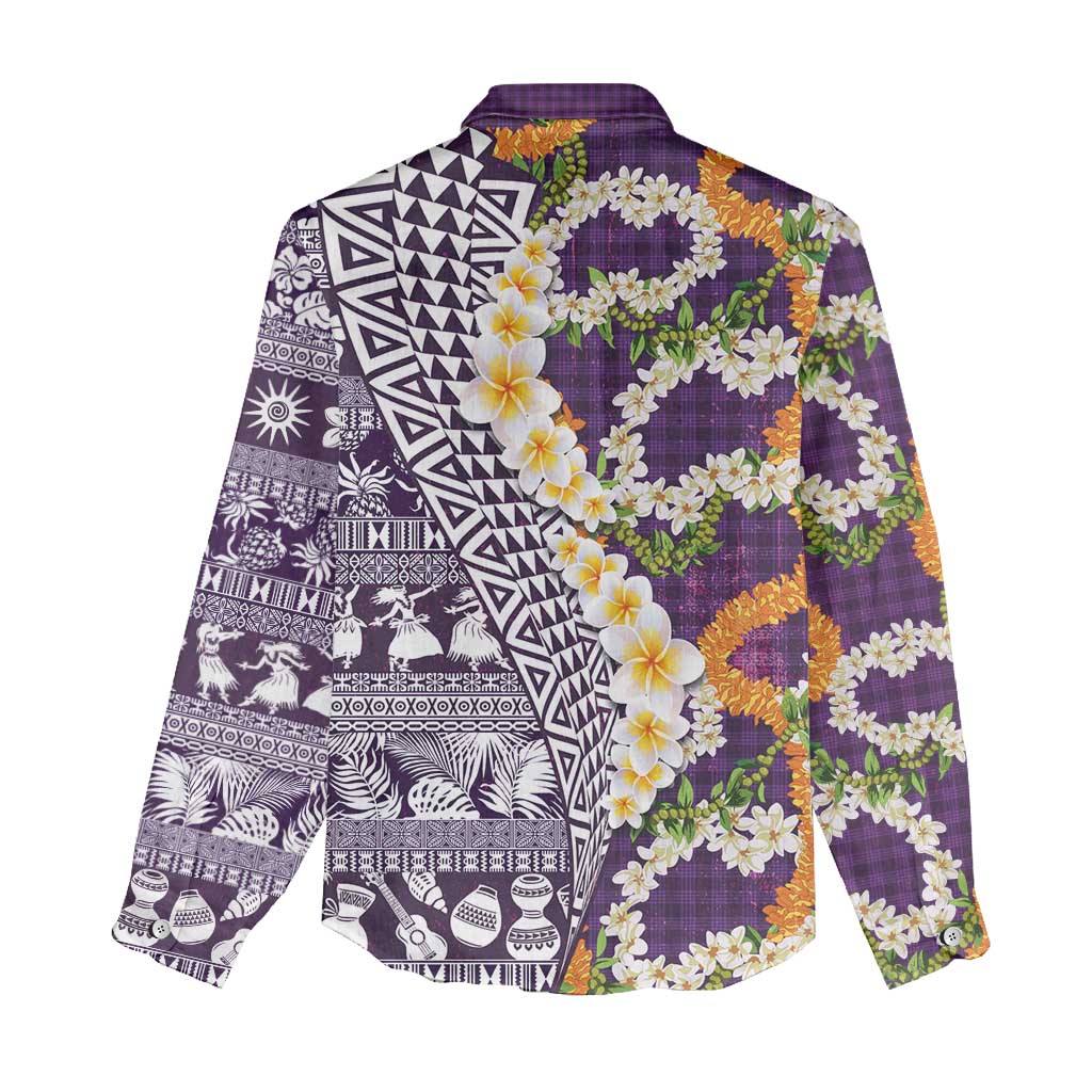 Hawaiian Plumeria Lei Women Casual Shirt Kakau Motifs and Palaka Half Style Purple Color LT03 - Polynesian Pride