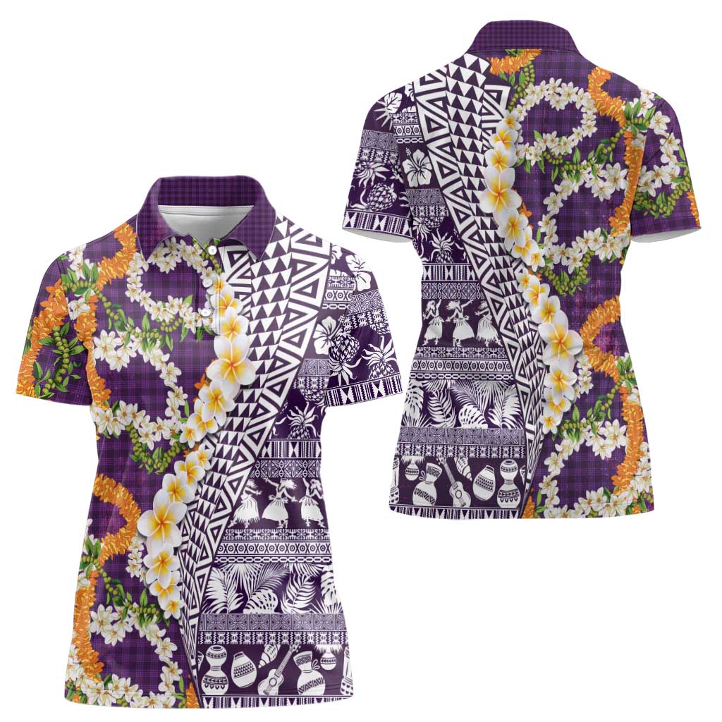 Hawaiian Plumeria Lei Women Polo Shirt Kakau Motifs and Palaka Half Style Purple Color LT03 - Polynesian Pride