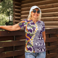 Hawaiian Plumeria Lei Women Polo Shirt Kakau Motifs and Palaka Half Style Purple Color LT03 - Polynesian Pride