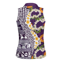Hawaiian Plumeria Lei Women Sleeveless Polo Shirt Kakau Motifs and Palaka Half Style Purple Color LT03 - Polynesian Pride