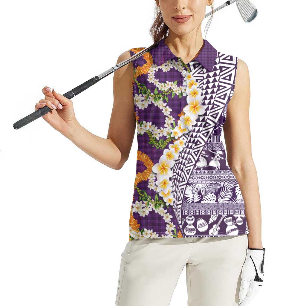 Hawaiian Plumeria Lei Women Sleeveless Polo Shirt Kakau Motifs and Palaka Half Style Purple Color LT03 - Polynesian Pride