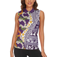 Hawaiian Plumeria Lei Women Sleeveless Polo Shirt Kakau Motifs and Palaka Half Style Purple Color LT03 - Polynesian Pride
