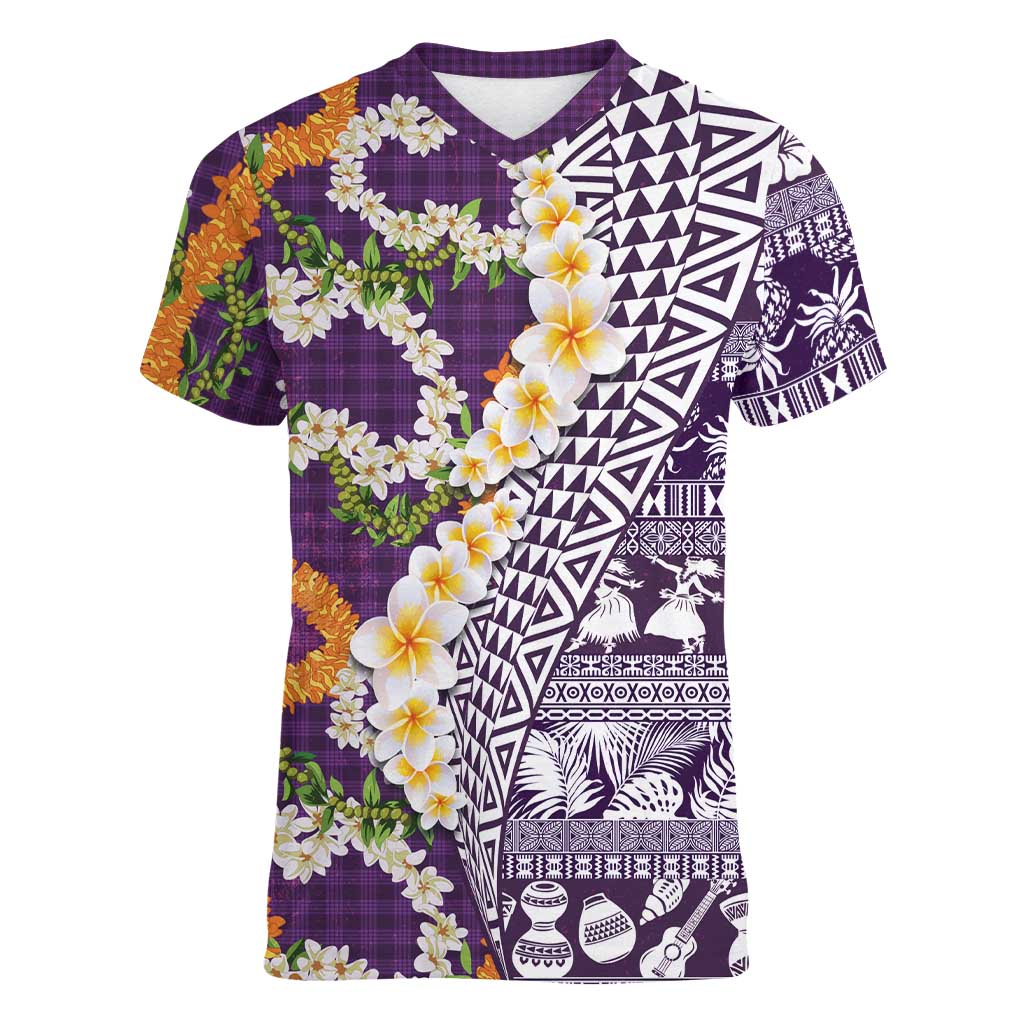 Hawaiian Plumeria Lei Women V-Neck T-Shirt Kakau Motifs and Palaka Half Style Purple Color - Polynesian Pride
