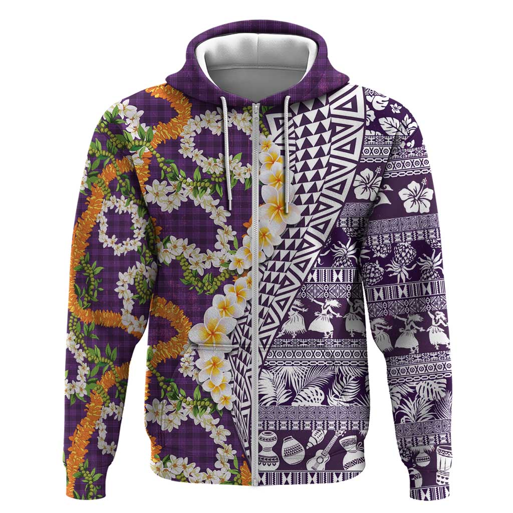 Hawaiian Plumeria Lei Zip Hoodie Kakau Motifs and Palaka Half Style Purple Color - Polynesian Pride