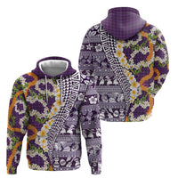 Hawaiian Plumeria Lei Zip Hoodie Kakau Motifs and Palaka Half Style Purple Color LT03 - Polynesian Pride