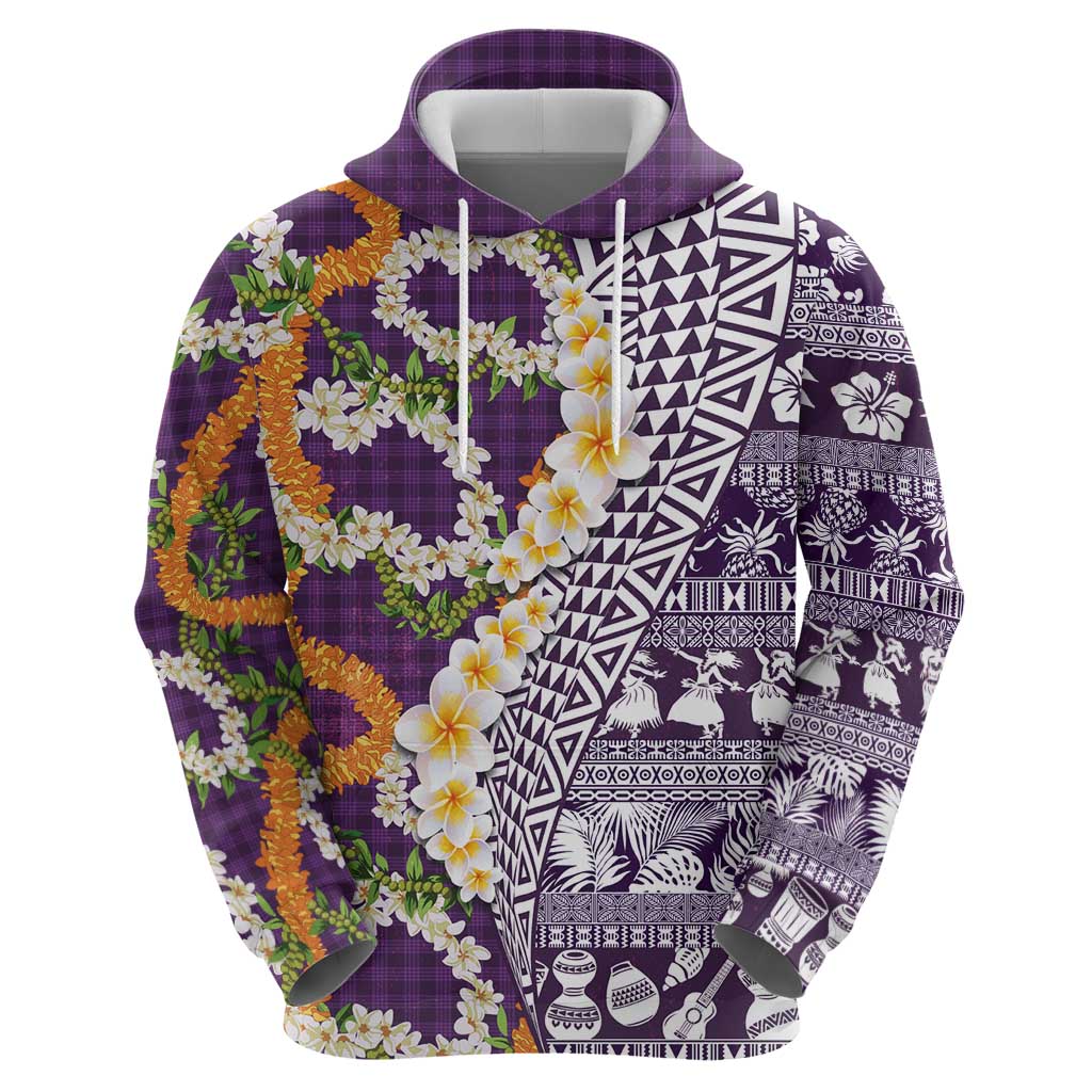 Hawaiian Plumeria Lei Zip Hoodie Kakau Motifs and Palaka Half Style Purple Color LT03 - Polynesian Pride