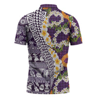 Hawaiian Plumeria Lei Zipper Polo Shirt Kakau Motifs and Palaka Half Style Purple Color LT03 - Polynesian Pride
