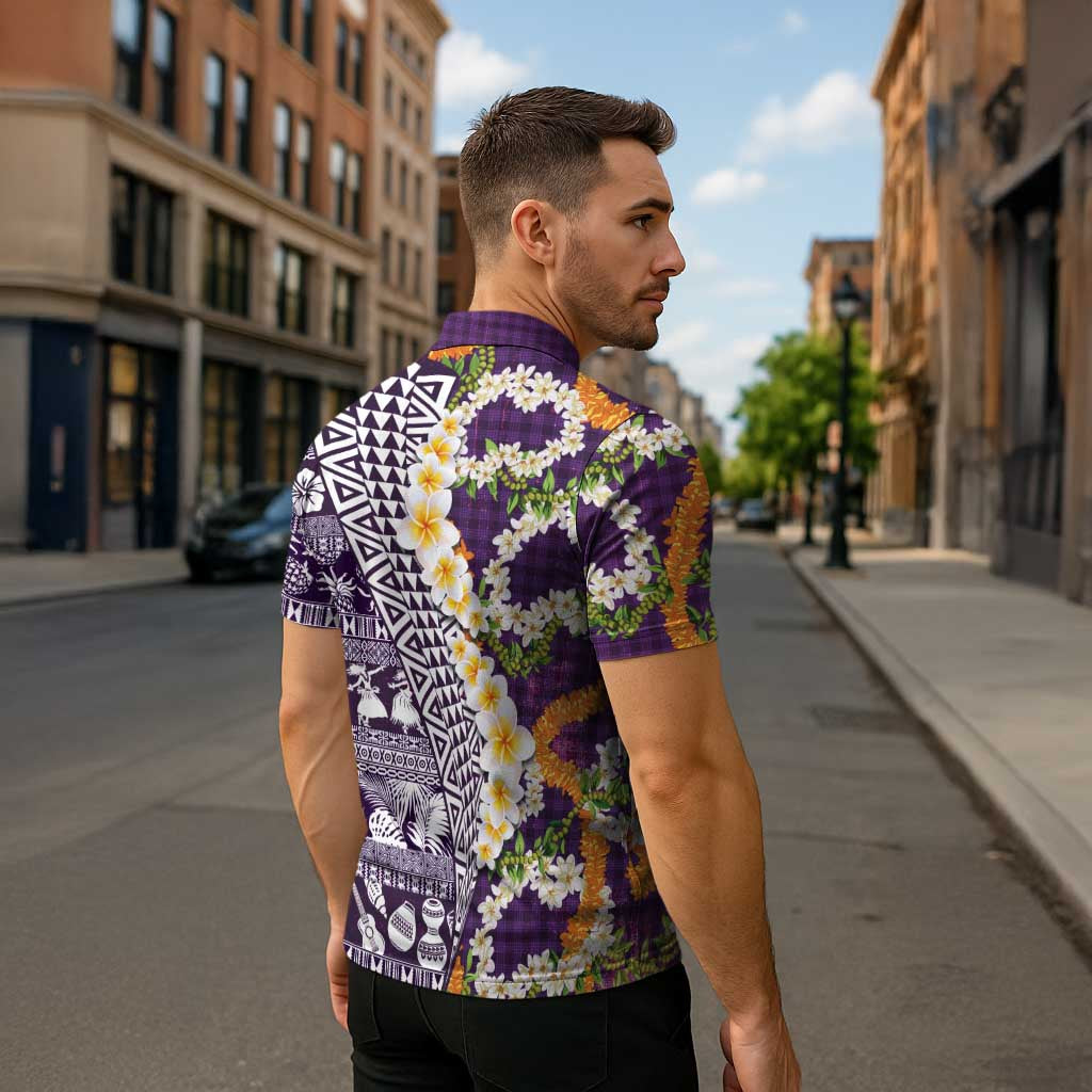 Hawaiian Plumeria Lei Zipper Polo Shirt Kakau Motifs and Palaka Half Style Purple Color LT03 - Polynesian Pride