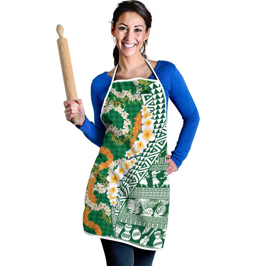 Hawaiian Plumeria Lei Apron Kakau Motifs and Palaka Half Style Green Color LT03 - Polynesian Pride