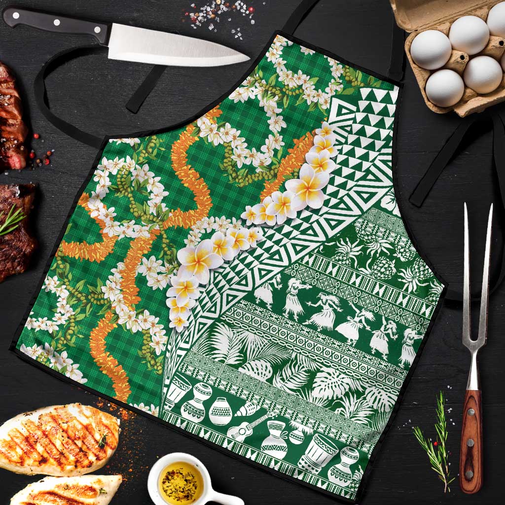 Hawaiian Plumeria Lei Apron Kakau Motifs and Palaka Half Style Green Color LT03 Green - Polynesian Pride