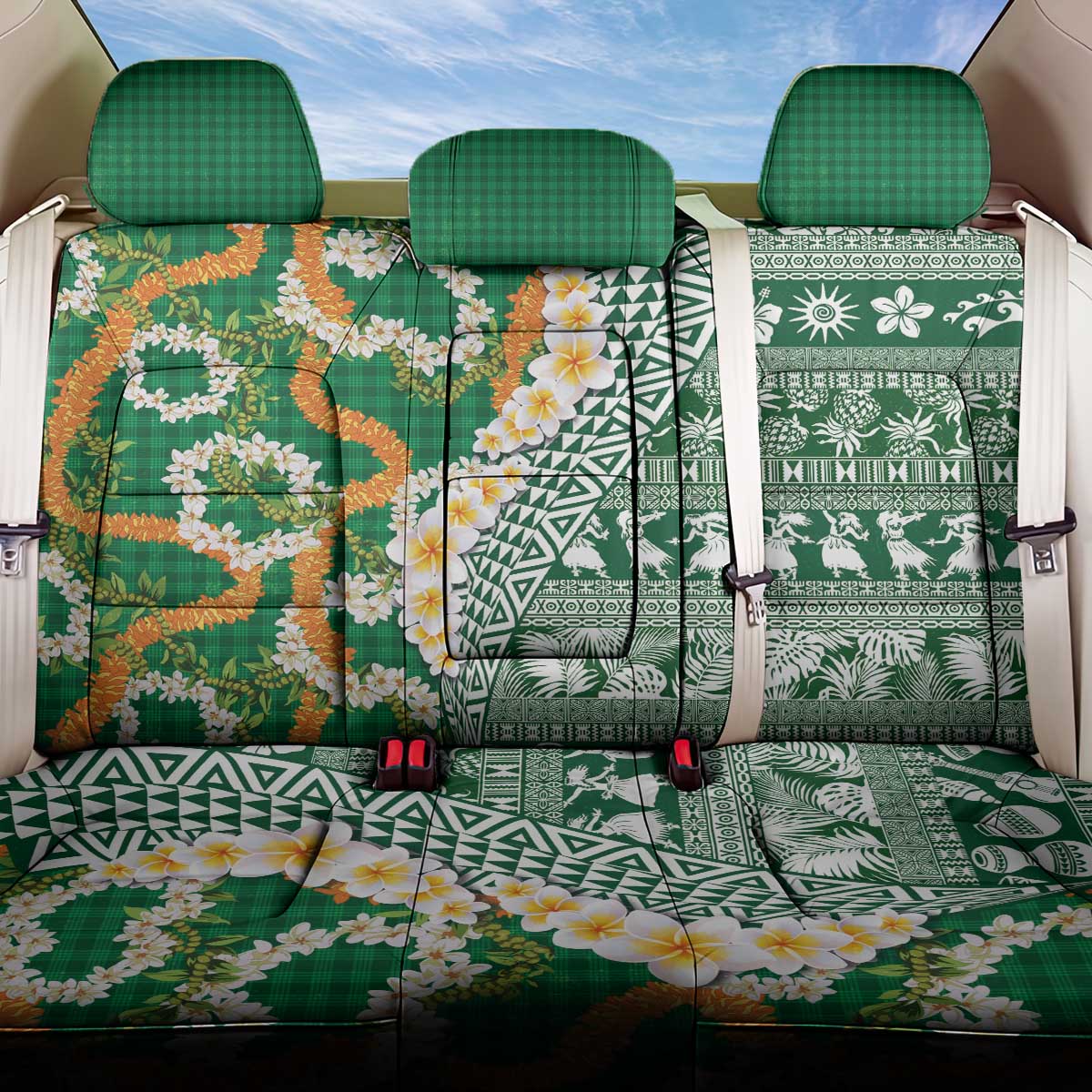 Hawaiian Plumeria Lei Back Car Seat Cover Kakau Motifs and Palaka Half Style Green Color LT03 One Size Green - Polynesian Pride