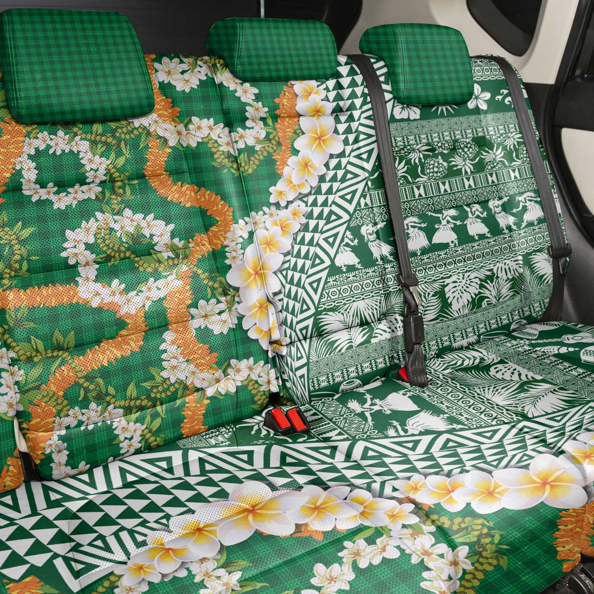 Hawaiian Plumeria Lei Back Car Seat Cover Kakau Motifs and Palaka Half Style Green Color LT03 - Polynesian Pride