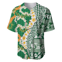 Hawaiian Plumeria Lei Baseball Jersey Kakau Motifs and Palaka Half Style Green Color - Polynesian Pride