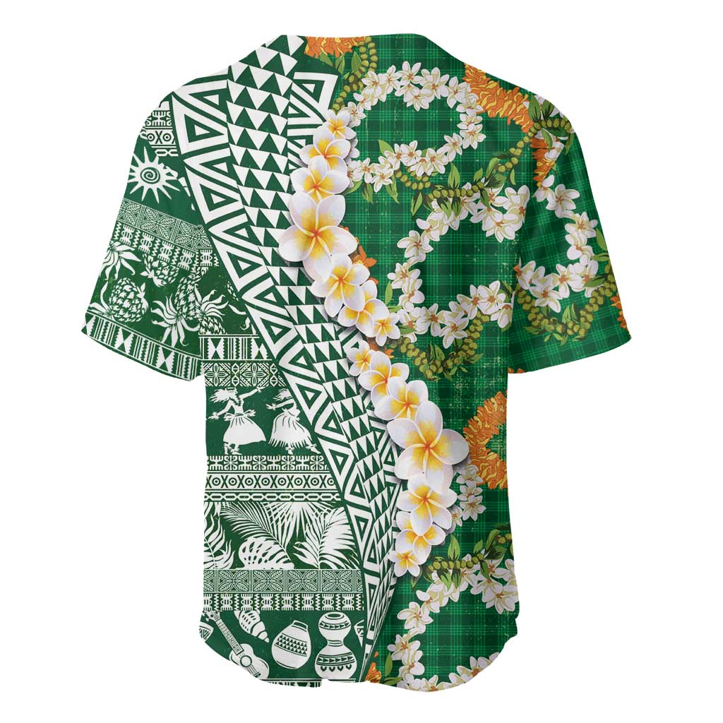 Hawaiian Plumeria Lei Baseball Jersey Kakau Motifs and Palaka Half Style Green Color - Polynesian Pride