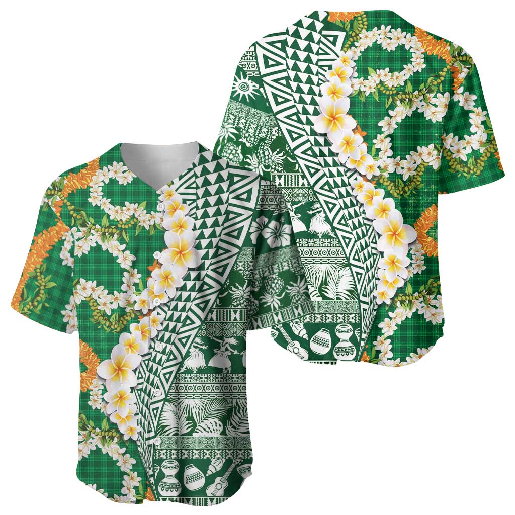 Hawaiian Plumeria Lei Baseball Jersey Kakau Motifs and Palaka Half Style Green Color - Polynesian Pride