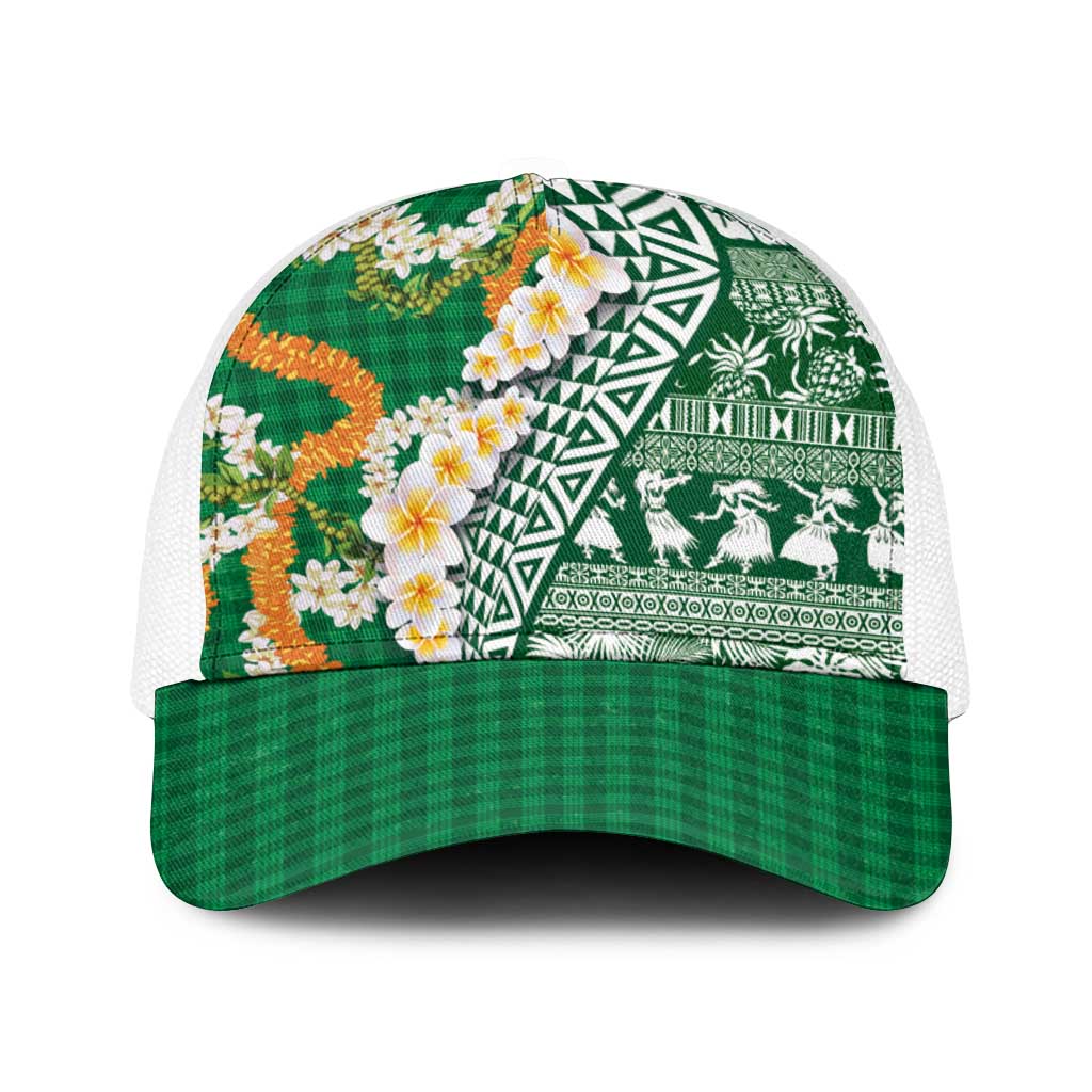 Hawaiian Plumeria Lei Baseball Net Cap Kakau Motifs and Palaka Half Style Green Color - Polynesian Pride
