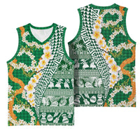 Hawaiian Plumeria Lei Basketball Jersey Kakau Motifs and Palaka Half Style Green Color LT03 - Polynesian Pride