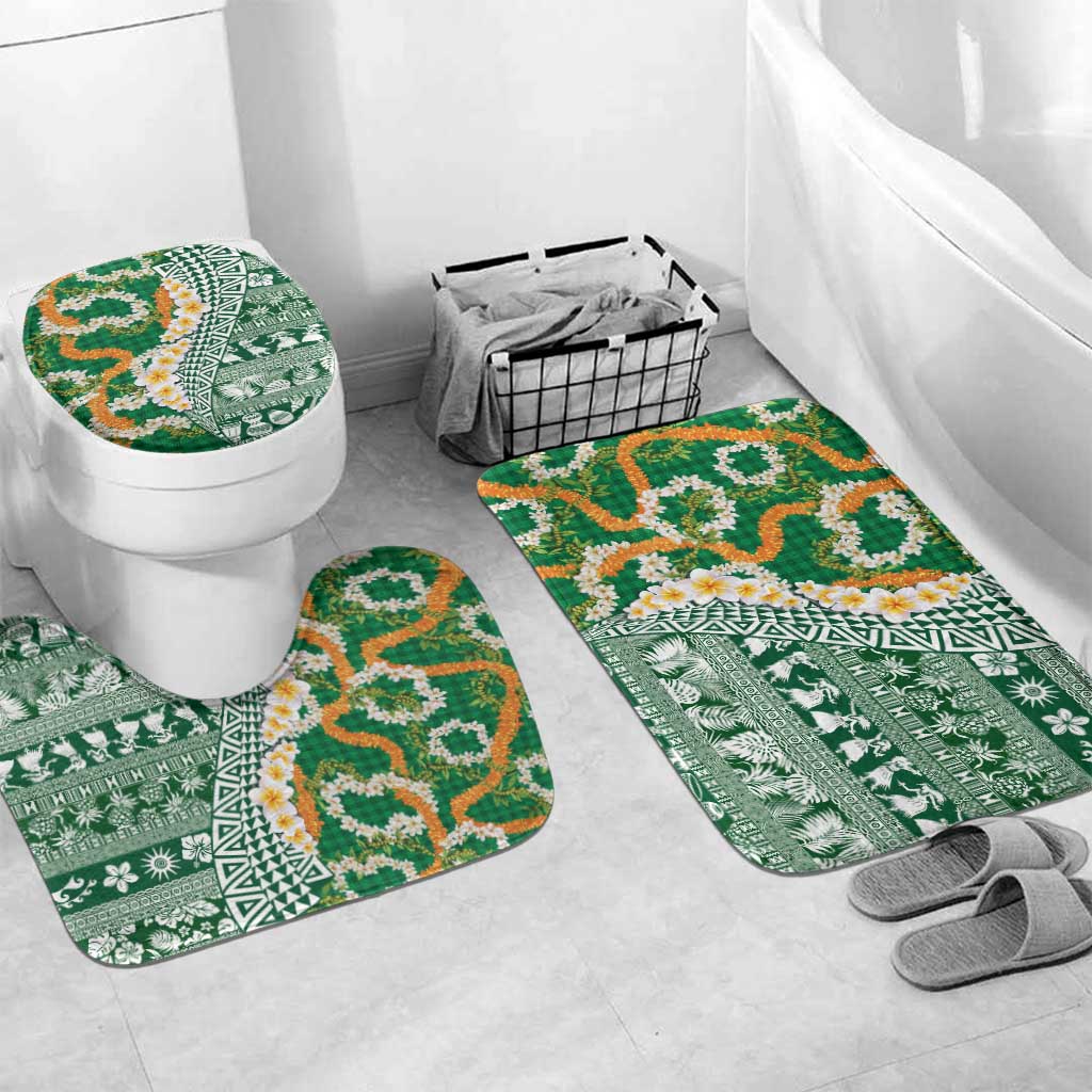 Hawaiian Plumeria Lei Bathroom Set Kakau Motifs and Palaka Half Style Green Color - Polynesian Pride