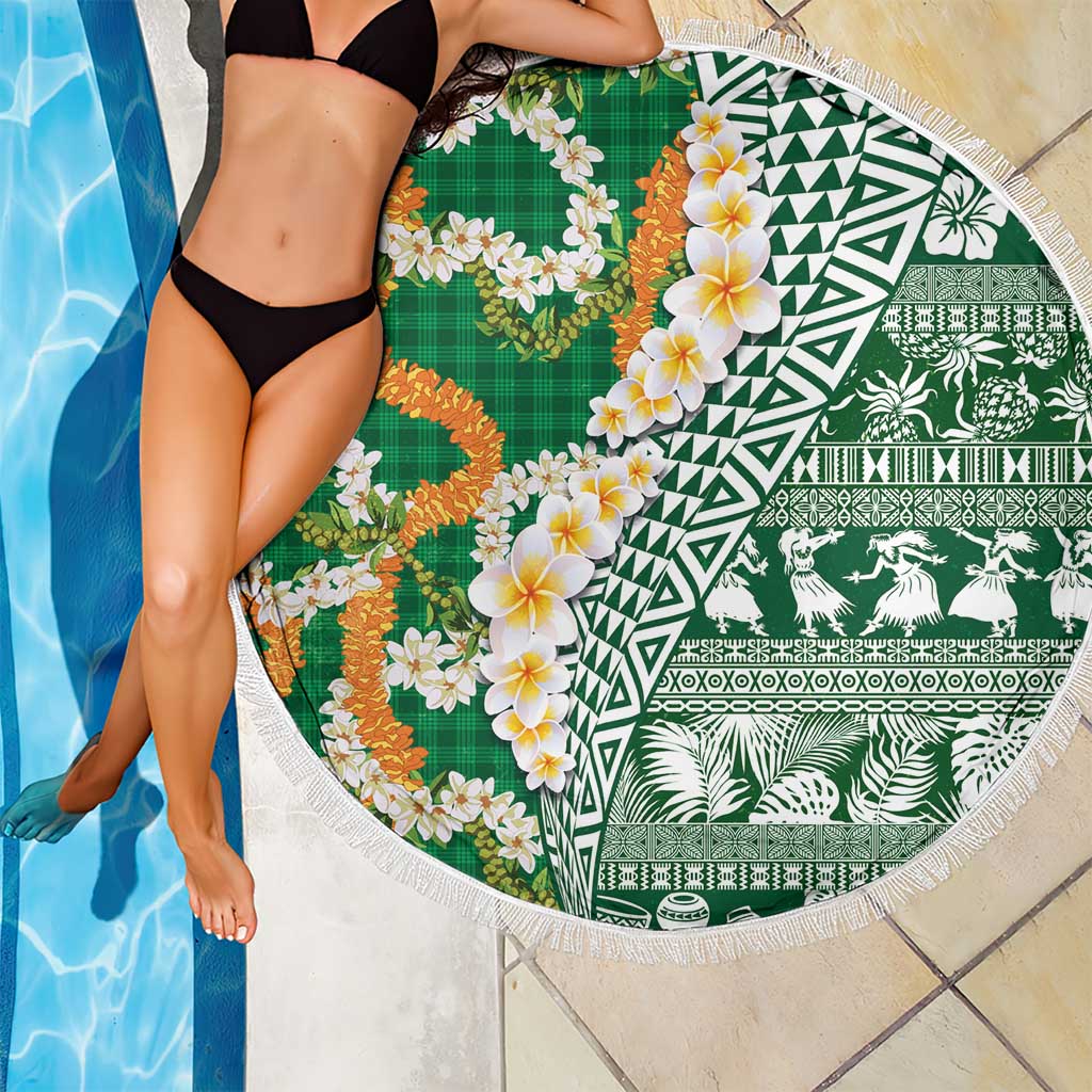 Hawaiian Plumeria Lei Beach Blanket Kakau Motifs and Palaka Half Style Green Color - Polynesian Pride