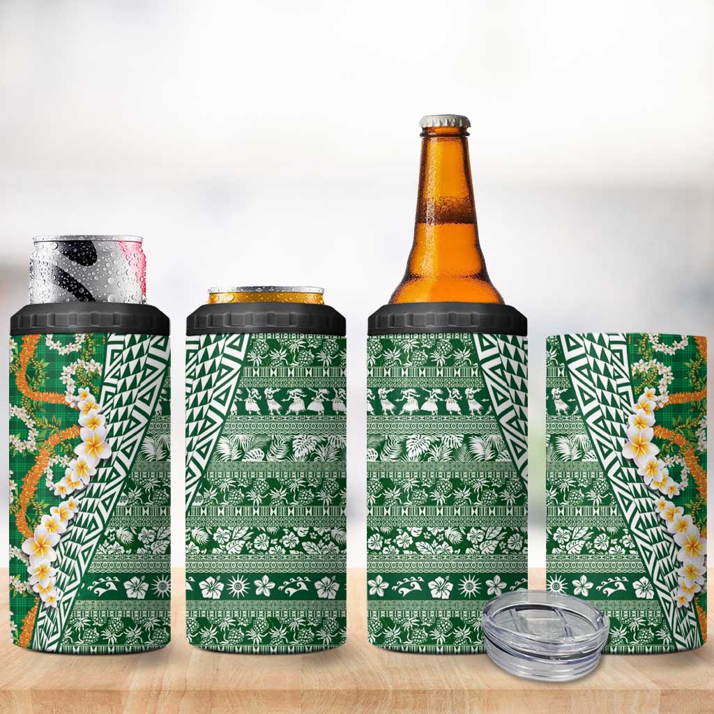Hawaiian Plumeria Lei 4 in 1 Can Cooler Tumbler Kakau Motifs and Palaka Half Style Green Color LT03 - Polynesian Pride